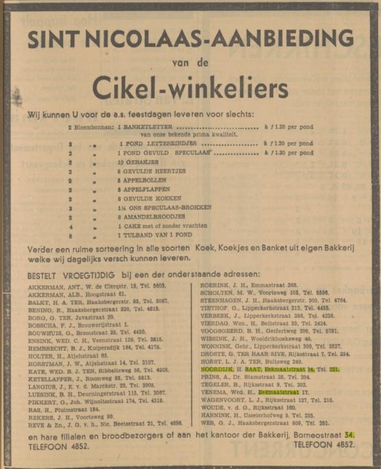 Eekmaatstraat 34 Cikel winkelier H. Saat Noordijk advertentie Tubantia 28-11-1940.jpg
