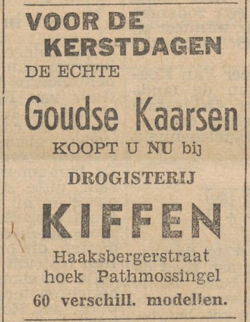 Haaksbergerstraat 368 hoek Pathmossingel Drogisterij Kiffen kerstadvertentie Tubantia 19-12-1953.jpg