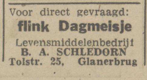 Tolstraat 25 Levensmiddelenbedrijf B.A. Schledorn advertentie Tubantia 7-5-1948.jpg