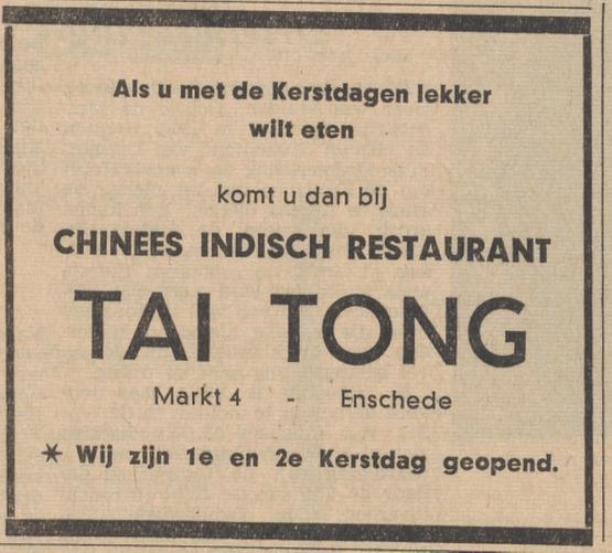 Markt 4 Chinees Indisch restaurant Tai Tong kerstadvertentie Tubantia 19-12-1964.jpg