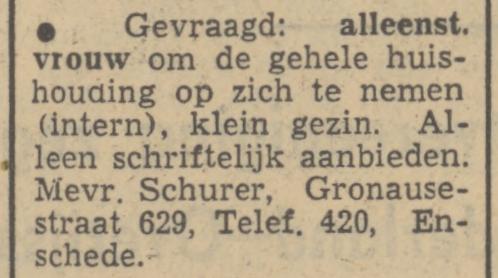 Gronausestraat 629 Mevr. Schurer advertentie Tubantia 23-1-1951.jpg