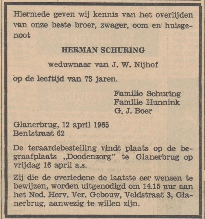 Bentstraat 62 Herman Schuring overlijdensadvertentie Tubantia 13-4-1965.jpg