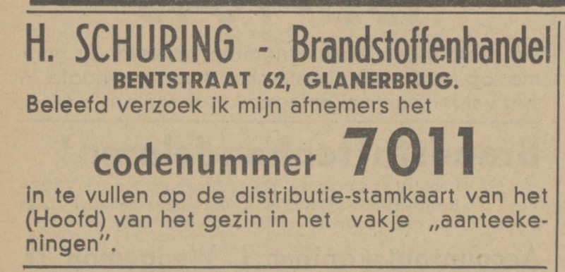 Bentstraat 62 Brandstoffenhandel H. Schuring advertentie Tubantia 8-11-1941.jpg