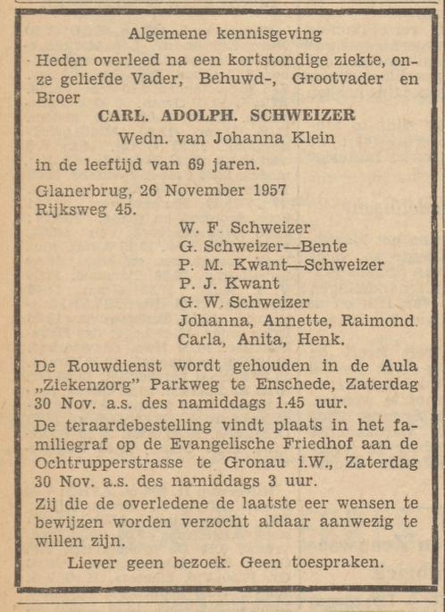 Rijksweg 45 C.A. Schweizer overlijdensadvertentie Tubantia 27-11-157.jpg