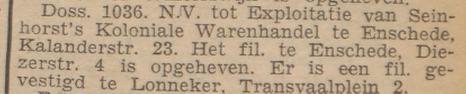 Transvaalplein 2 Seinhorst's Koloniale warenhandel krantenbericht Twentsche Courant 23-6-1931.jpg
