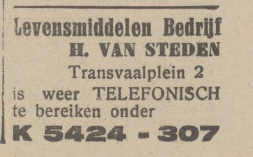Transvaalplein 2 Levensmiddelenbedrijf H. van Steden advertentie Het Parool 6-8-1945.jpg
