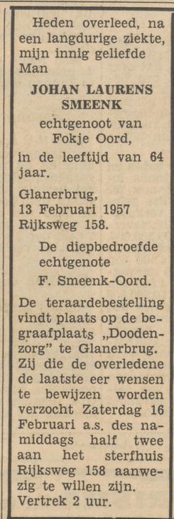 Rijksweg 158 J.L. Smeenk overlijdensadvertentie Tubantia 14-2-1957.jpg