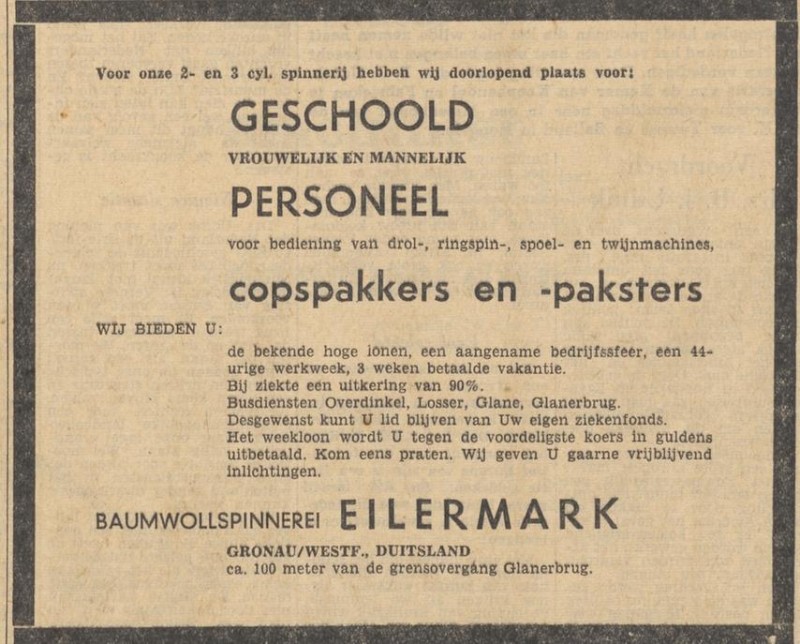 Glanerbrug Gronau grensovergang spinnerij Eilermark advertentie Tubantia 5-11-1960.jpg