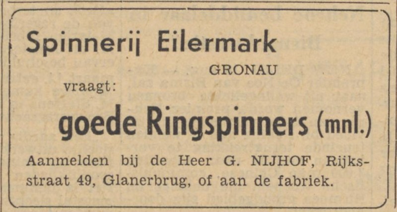Rijksstraat 49 Glanerbrug G. Nijhof Spinnerij Eilermark Gronau advertentie Tubantia 18-8-1956.jpg