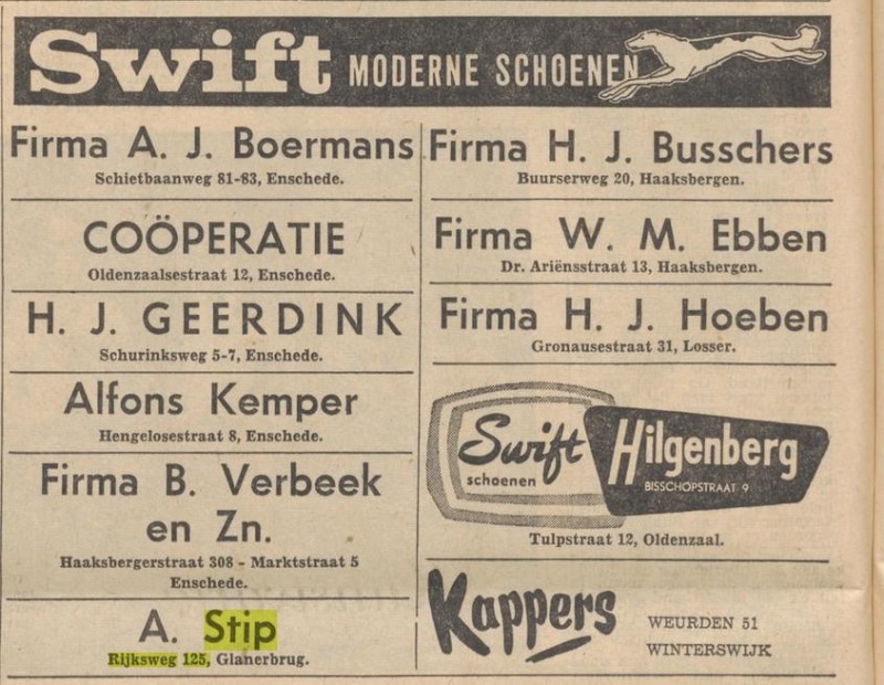 Rijksweg 125 Glanerbrug A. Stip schoenwinkel advertentie Tubantia 17-6-1960.jpg