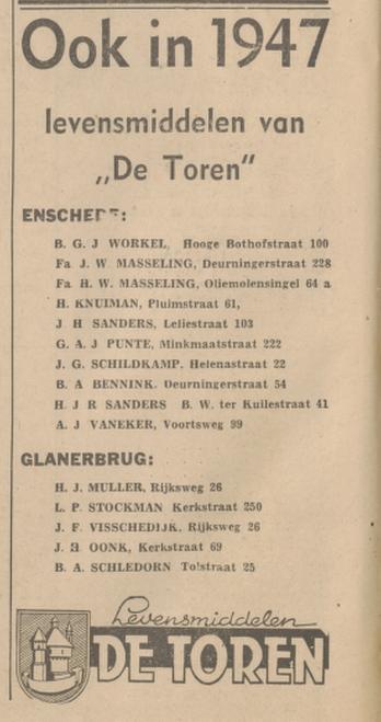 Kerkstraat 250 levensmiddelenbedrijf De Toren L.P. Stockmann advertentie Tubantia 4-1-1947.jpg