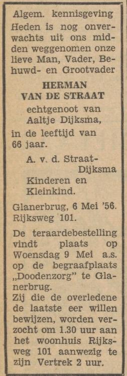 Rijksweg 101 H. van de Straat overlijdensadvertentie Tubantia 7-5-1956.jpg