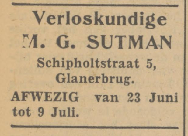 Schipholtstraat 5 M.G. Sutman verloskundige advertentie Tubantia 22-6-1951.jpg