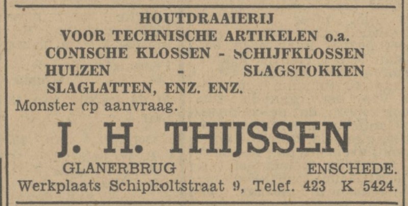 Schipholtstraat 9 Technische Houtdraaierij J.H. Thijssen advertentie Tubantia 8-1-1948.jpg