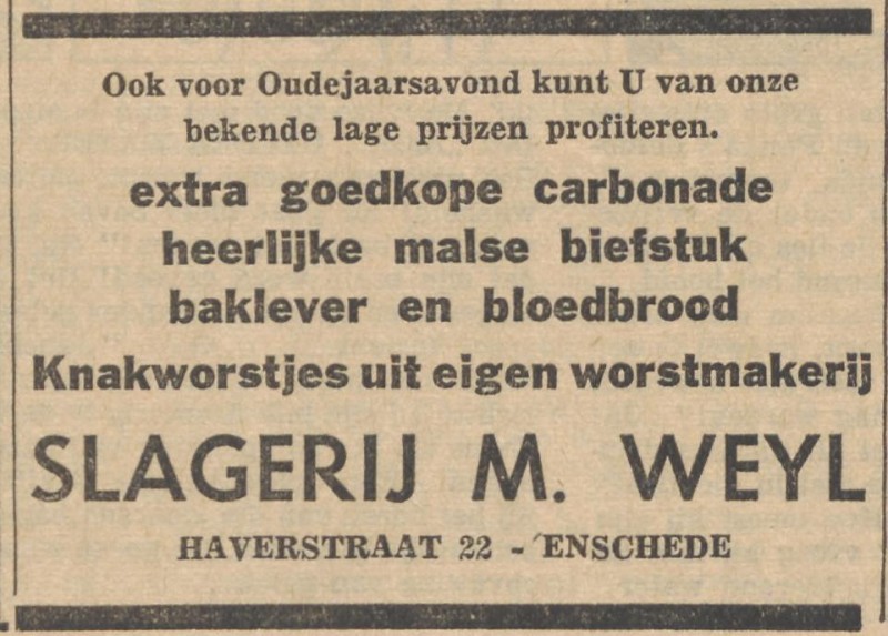 Haverstraat 22 slagerij M. Weyl advertentie Tubantia 30-12-1957.jpg
