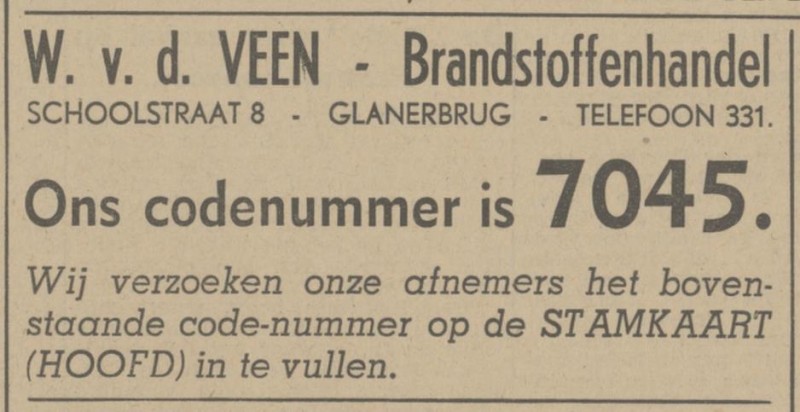 Schoolstraat 8 brandstoffenhandel W. v.d. Veen advertentie Tubantia 8-11-1941.jpg