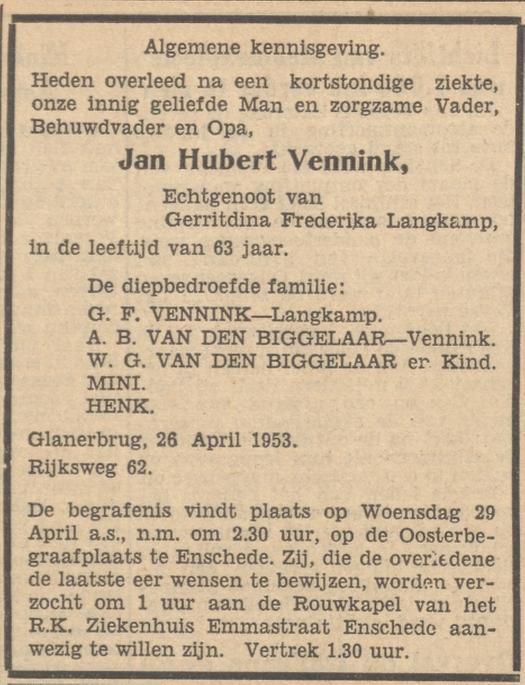 Rijksweg 62 J.H. Vennink overlijdensadvertentie Tubantia 27-4-1953.jpg