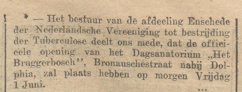 Gronausestraat Dagsanatorium Bruggerbosch Vereniging tot Bestrijding der Tuberculose krantenbericht 31-5-1923.jpg