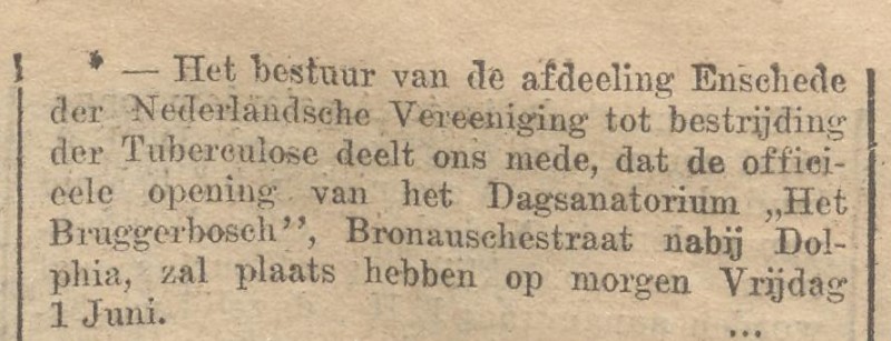Gronausestraat Dagsanatorium Bruggerbosch Vereniging tot Bestrijding der Tuberculose krantenbericht 31-5-1923.jpg