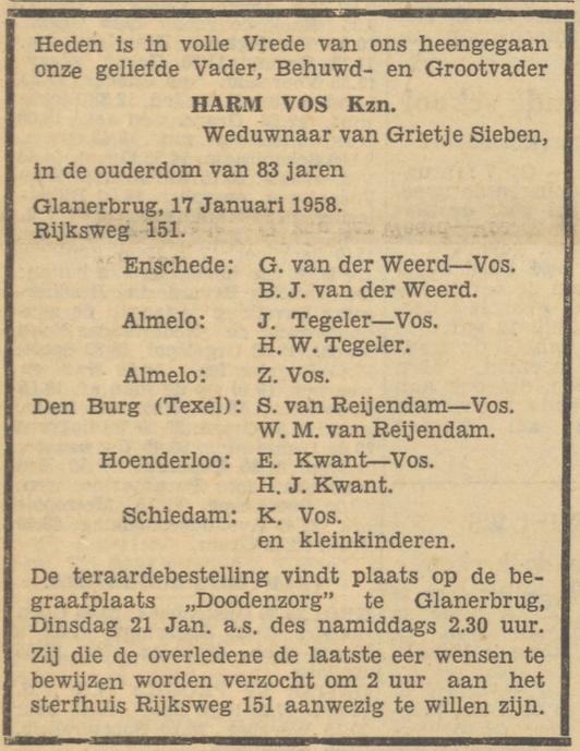Rijksweg 151 Harm Vos Kzn overlijdensadvertentie Tubantia 18-1-1958.jpg