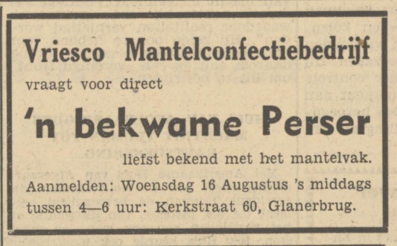 Kerkstraat 60 Vriesco mantelconfectiebedrijf advertentie Tubantia 11-8-1950.jpg