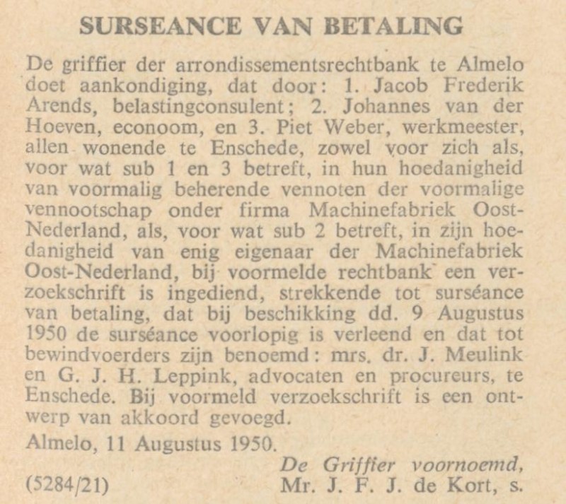 P. Weber Machinefabriek Oost+Nederland bericht Nederlandsche Staatscourant 15-8-1950.jpg