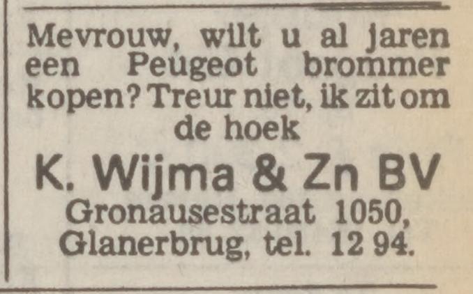 Gronausestraat 1050 rijwielhandel K. Wijma & Zn B.V. advertentie Tubantia 28-11-1974.jpg