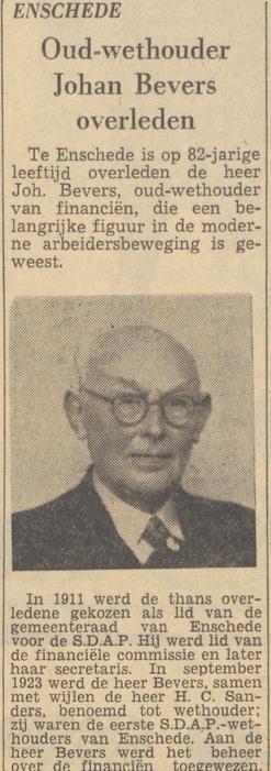 J. Bevers oud-wethouder Enschede overleden krantenbericht Tubantia 15-5-1959.jpg