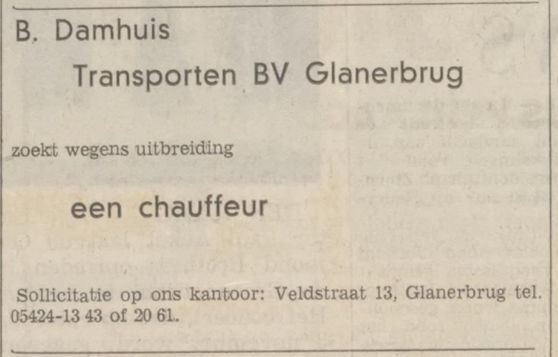 Veldstraat 13 kantoor B. Damhuis Transporten B.V. advertentie Tubantia 25-10-1973.jpg