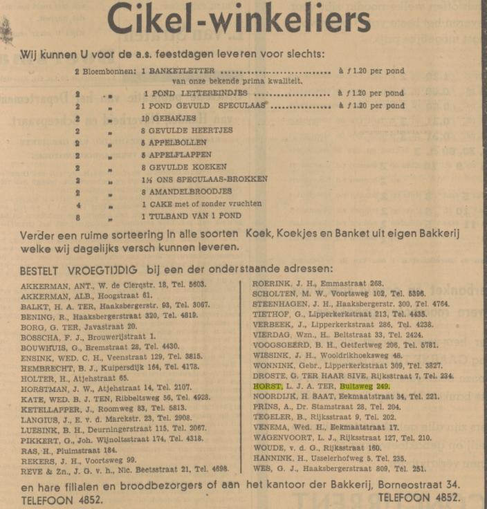 Bultsweg 249 Cikel-winkelier L.J.A. ter Horst advertentie Tubantia 28-11-1940.jpg