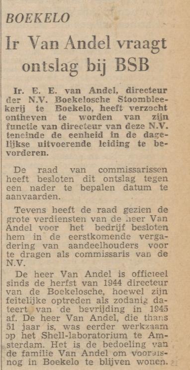Boekelo Ir. E.E. van Andel directeur N.V. Boekelosche Stoomblekerij krantenbericht Tubantia 27-2-1962.jpg