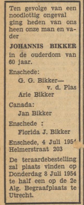 Helmerstraat 203 J. Bikker overlijdensadvertentie Tubantia 5-7-1954.jpg