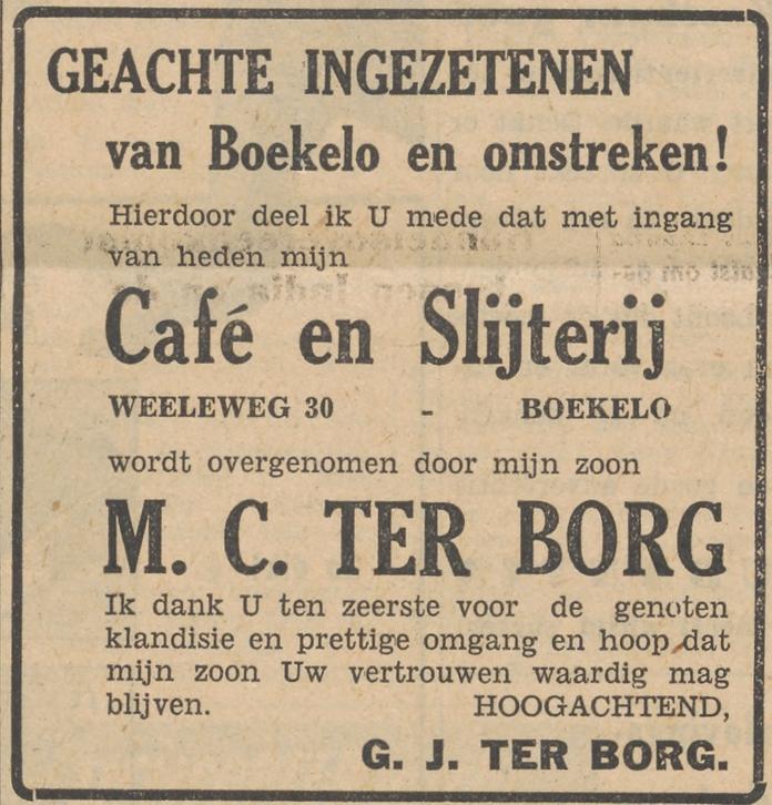 Weeleweg 30 Cafe slijterij G.J. ter Borg advertentie Tubantia 3-12-1953.jpg