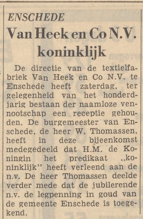 Van Heek en Co N.V. gouden legpenning Gemeente Enschede krantenbericht Tubantia 17-11-1958.jpg