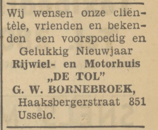 Haaksbergerstraat 851 Usselo Rijwiel- en Motorhuis De Tol G.W. Bornebroek advertentie Tubantia 31-12-1949.jpg