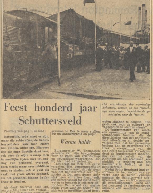 Schuttersveld Gebr. van Heek 100 jaar erepenning Enschede krantenbericht Tubantia 19-5-1959.jpg
