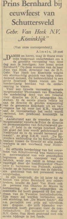 Schuttersveld Gebr. van Heek 100 jaar erepenning  Enschede krantenbericht Algemeen Handelsblada 19-5-1959.jpg
