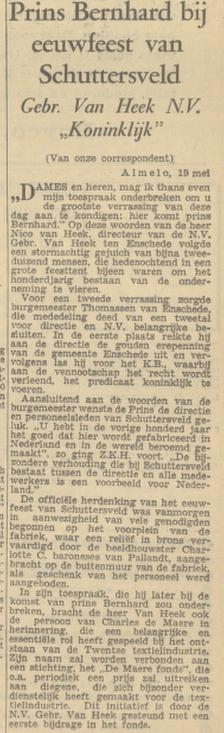 Schuttersveld Gebr. van Heek 100 jaar erepenning Enschede krantenbericht Algemeen Handelsblada 19-5-1959.jpg