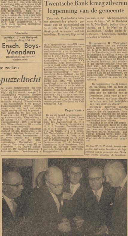 Twentsche Bank 100 jaar zilveren legpenning van Gemeente Enschede krantenbericht 3-6-1961.jpg