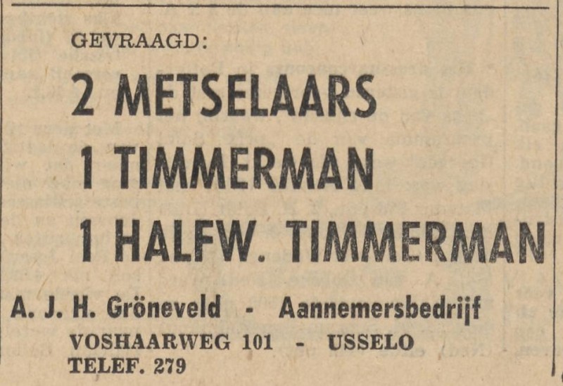 Voshaarweg 101 Usselo A,J.H. Gröneveld Aannemersbedrijf advertntie Tubantia 25-8-1962.jpg