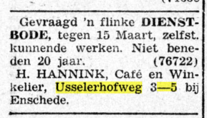 Usselerhofweg 3-5 H. Hannink cafe en winkelier Advertentie. De Graafschap-bode 16-2-1940.jpg