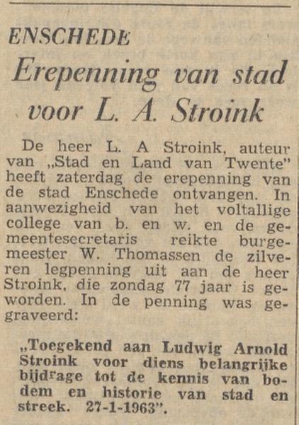 L.A. Stroink zilveren legpenning gemeente Enschede krantenbericht 29-1-1963.jpg