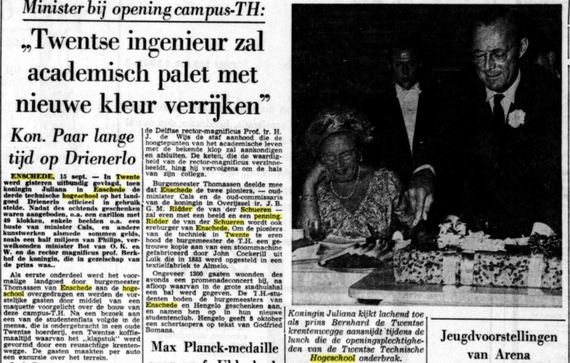 Ir. J.B.G.M. Ridder van der Schueren krijgt legpenning Enschede bij opening T.H. krantenbericht De Tijd 15-9-1964.jpg