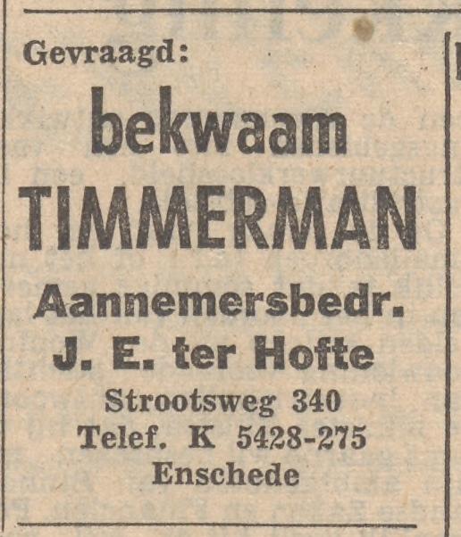 Strootsweg 340 Aannemersbedrijf J.E. ter Hofte advertentie Tubantia 22-11-1957.jpg