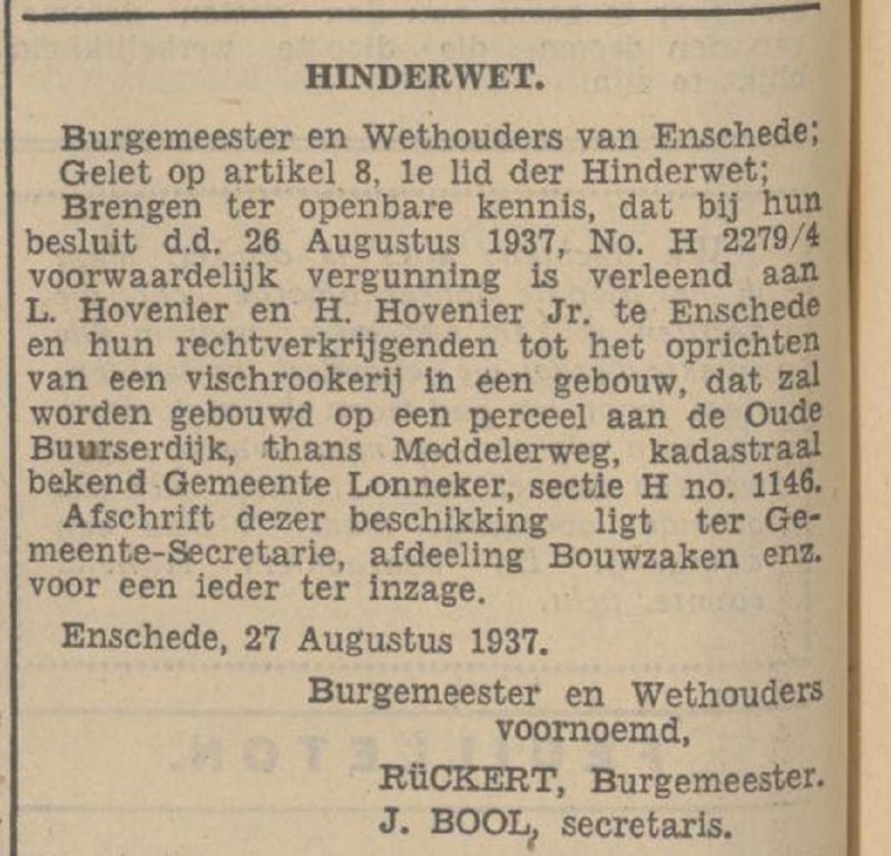 Meddelerweg Vischrookerij L. Hovenier en H. Hovenier Jr. Hinderwetvergunning krantenbericht Tubantia 26-8-1937.jpg