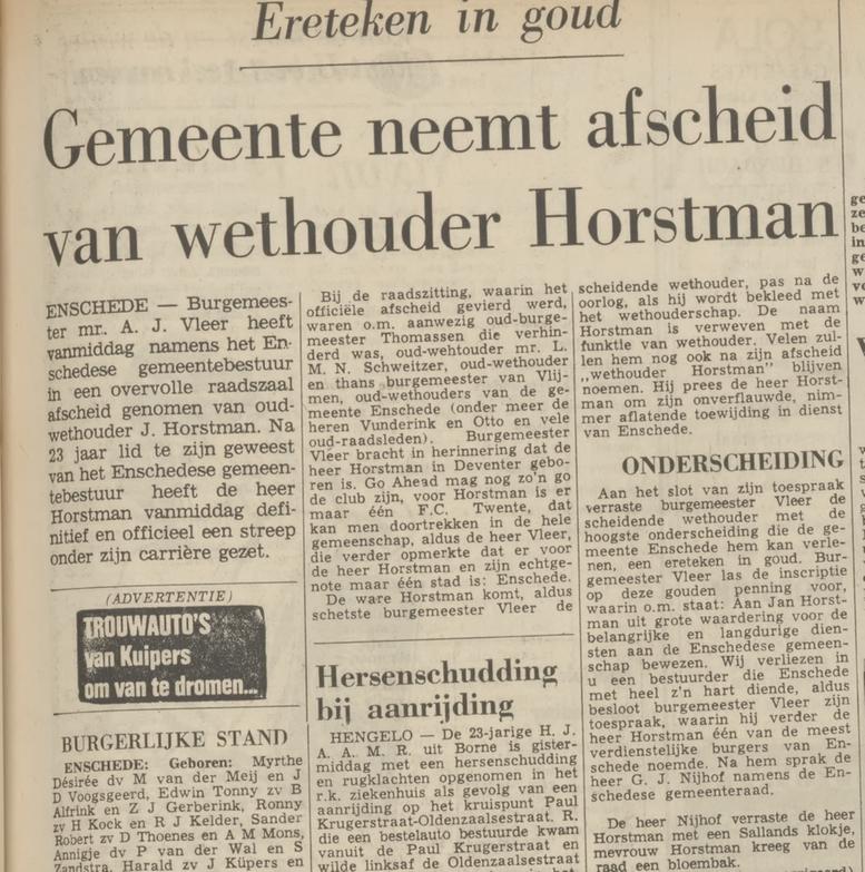 J. Horstman wethouder Enschede gouden erepenning krantenbericht Tubantia 7-11-1968.jpg