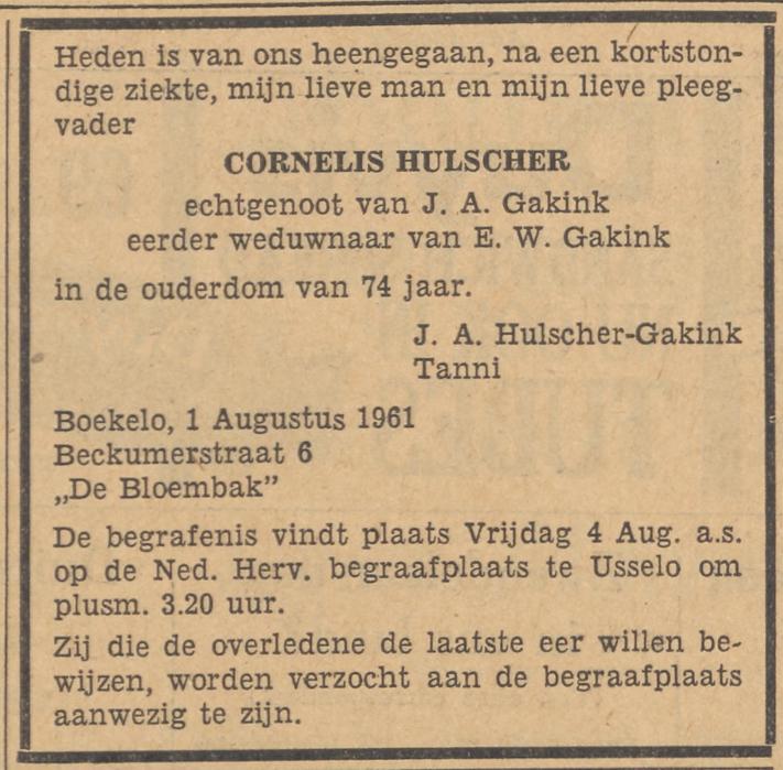 Beckumerstraat 6 C. Hulscher overlijdensadvertentie Tubantia 2-8-1961.jpg