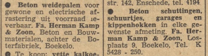 Losplaats 9 Boekelo Fa. Herman Kamp & Zoon advertentie Tubantia 11-12-1954.jpg