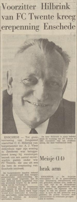 C.C. Hilbrink krijgt erepenning gemeente Enschede krantenbericht Tubantia 12-4-1973.jpg