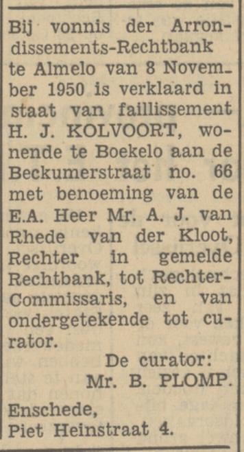 Beckumerstraat 66 Boekelo H.J. Kolvoort krantenbericht Tubantia 14-11-1950.jpg